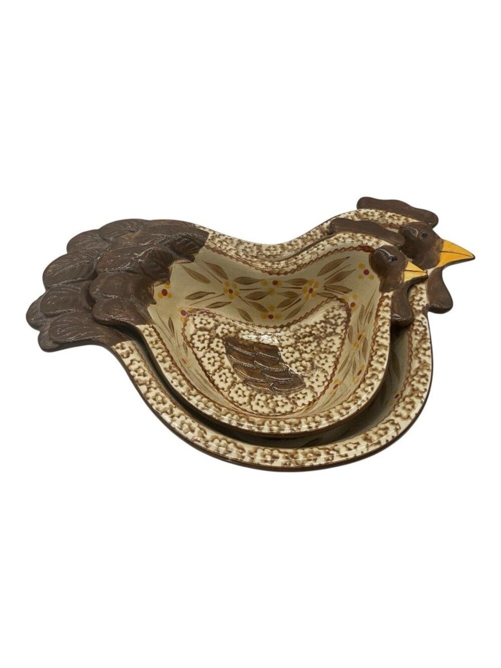 Temp-tations Old World Brown Ceramic Set of 2 RoosterHen Serving Dishes Vintage